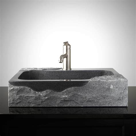 Rectangular Granite Vessel Sink With Chiseled Exterior And Top