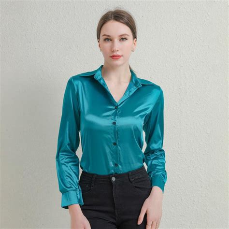 women silk satin blouse button long sleeve lapel ladies office work shirts elegant female satin