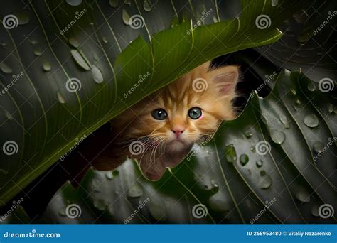 Cute Red Kitten Hiding From The Rain Under The Leaves Ai Generated