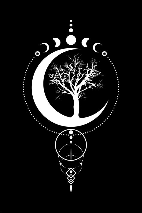 mystical moon phases tree of life sacred geometry triple moon half moon pagan wiccan goddess
