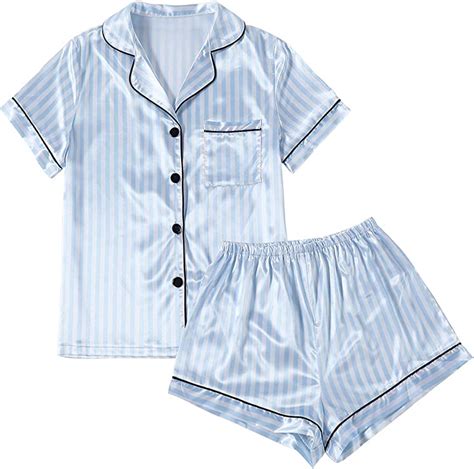 Lyaner Womens Striped Silky Satin Pajamas Short Sleeve Top With Shorts Sleepwear Pj Set Light