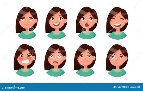Set Of Woman S Emotions Facial Expression Girl Avatar Stock