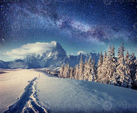 Starry Sky In Winter Snowy Night Fantastic Milky Way 6844047 Stock