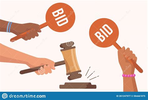 Auction Bidding Hands Holding Gavel And Signs With Bids Stock Vector