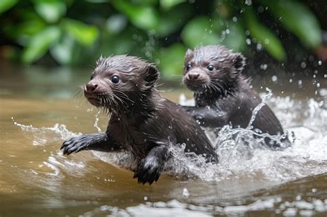 Premium Ai Image Baby Otters Playing In Water Chasing Each Other And