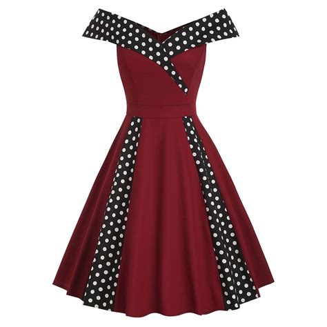 Vintage Off The Shoulder Polka Dot Pin Up Dress Red Wine 5820463112 Womens Clothing