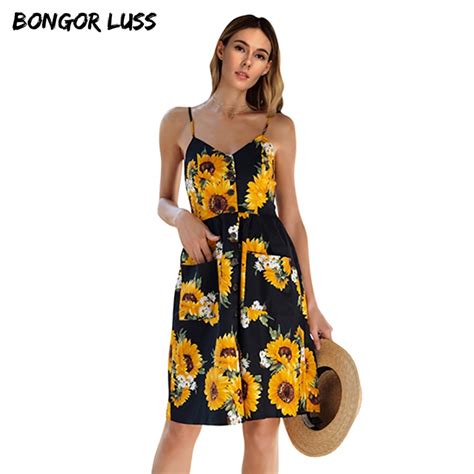 bongor luss women summer dress button pocket floral print boho beach dress deep v neck spaghetti