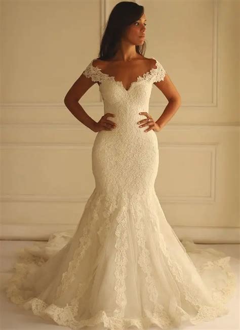 Ivory Lace Mermaid Wedding Dresses 2016 Off The Shoulder Long Fitted Bride Dresses Tulle Sexy