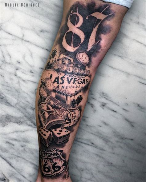 Las Vegas Themed Leg Tattoo Black And Grey Style
