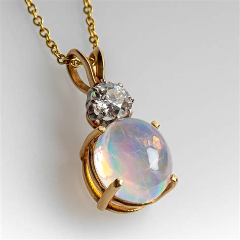 Jelly Opal Pendant Necklace W Diamond Accent In 14k Yellow Gold