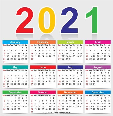 Free Colorful 2021 Calendar Vector Calendar Vector Calendar