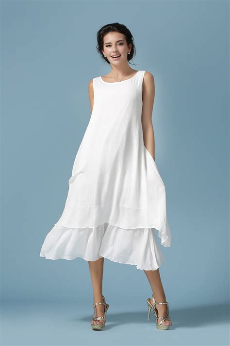 2016 Womens Casual White Dresses Slim Soft Cotton Linen Sleeveless