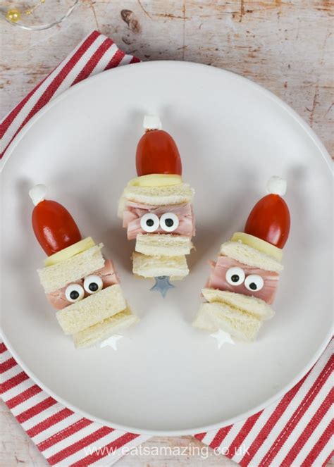 They're really easy to make using cornflakes, white chocolate and food colouring. Santa Sandwich Skewers - Fun Christmas Party Food