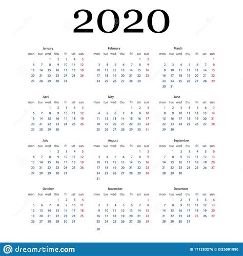 Vector Calendar For 2020 Year2020 Calendar Template Stock Vector