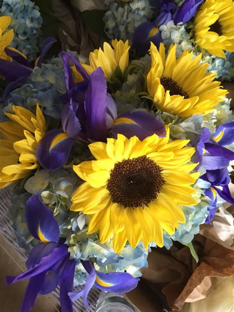 Hydrangea Iris And Sunflowers Bridesmaids Wedding Flowers Bridal