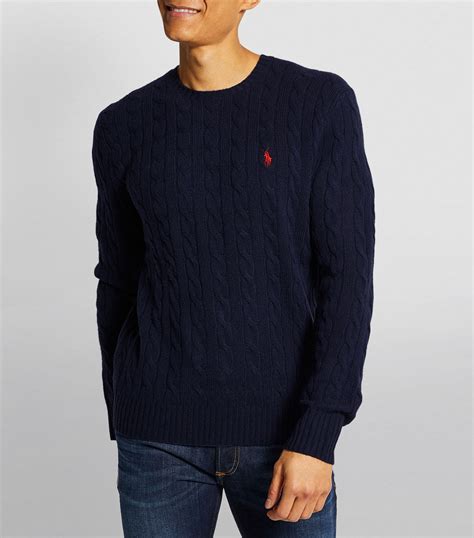 mens ralph lauren navy wool cashmere cable knit sweater harrods uk