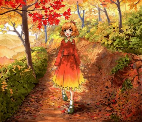 safebooru 1girl aki shizuha autumn autumn leaves blonde hair blush brown eyes bush forest