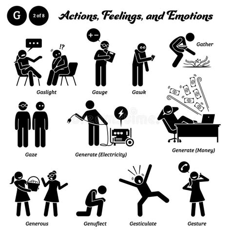 Stick Figure Human People Man Action Feelings And Emotions Icons Alphabet G Stock Vector