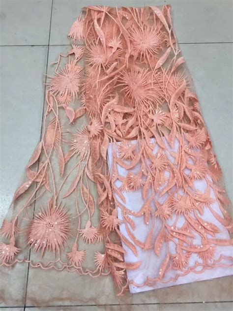 Peach African Lace Fabric 2018 Latest Guipure Lace Fringe Nigerian Embroidered Tulle Fabric For