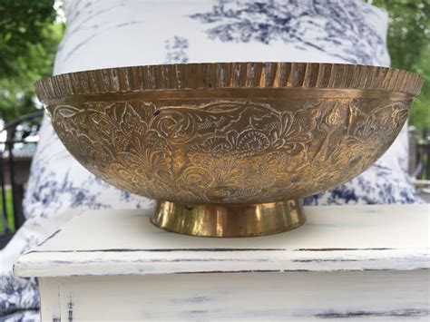 Brass Bowl Boho Vintage Solid Brass Pedistal Bowl Engraved Etsy
