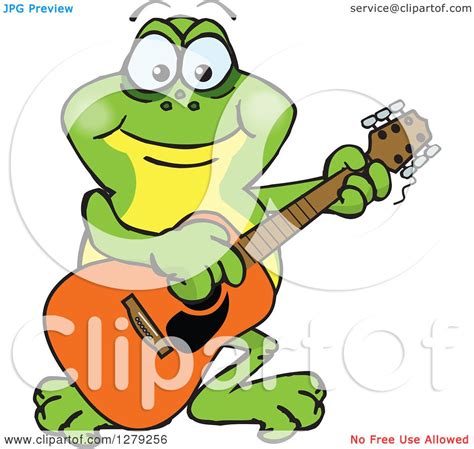 Clipart Of A Happy Frog Playing An Acoustic Guitar Royalty Free