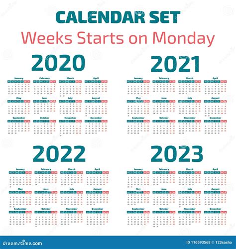 Eenvoudige Jaar 2020 2023 Kalender Vector Illustratie Illustration Of
