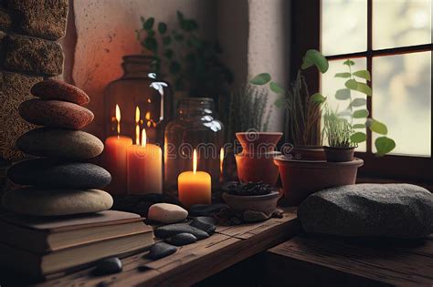 Zen Stones And Burning Candles In The Room Set For Spa Treatment And Relax Concept Cozy Home
