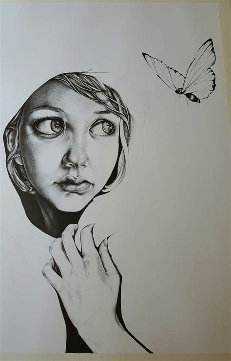 Pen Drawing Of A Girl With Butterfly Butterfly Drawing Pen Drawing
