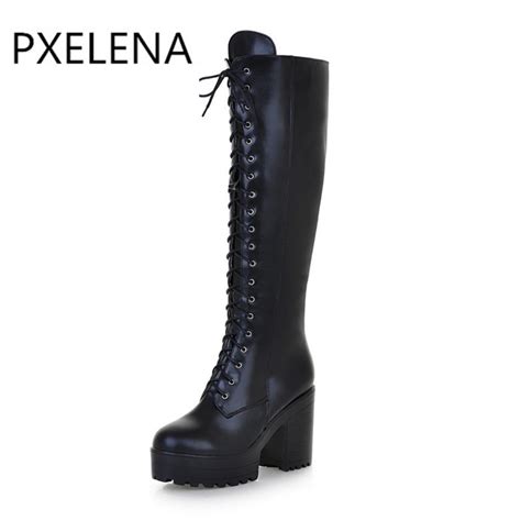 Pxelena Punk Rock Gothic Boots Women Lace Up Size Zipper Chunky Block