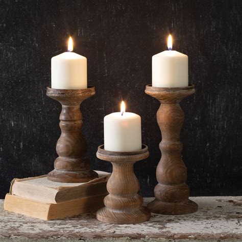Rustic Set Of Three Wooden Pillar Candle Holders