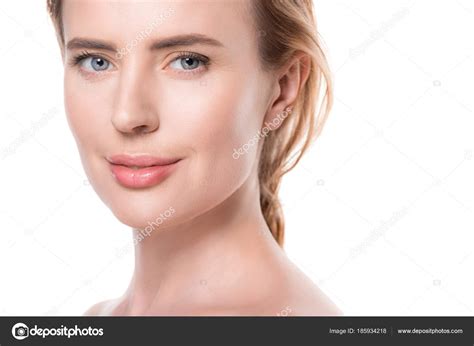Smiling Female Fresh Clean Skin Isolated White Stock Photo