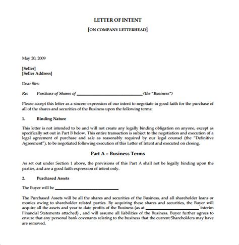 intent letter templates   word