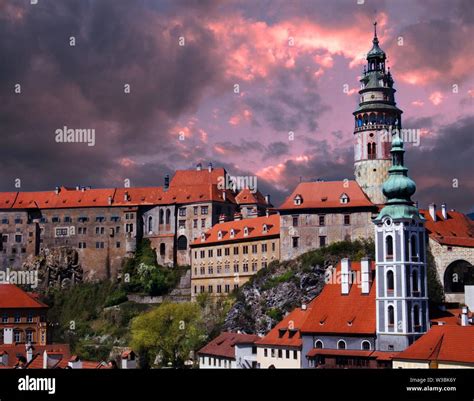 Cesky Krumlov Castle Residence Of The South Bohemian Aristocracy And A Very Cloudy And Pink Sky