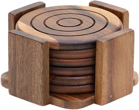 Artisan 6 Piece Round Acacia Wood Coaster Sets Rustic