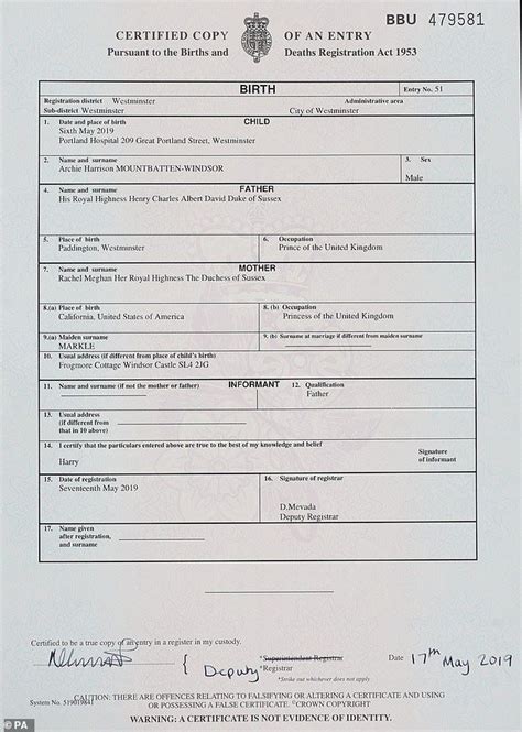 Archie S Birth Certificate Reveals Meghan Gave Birth At The Portland Birth Certificate Archie