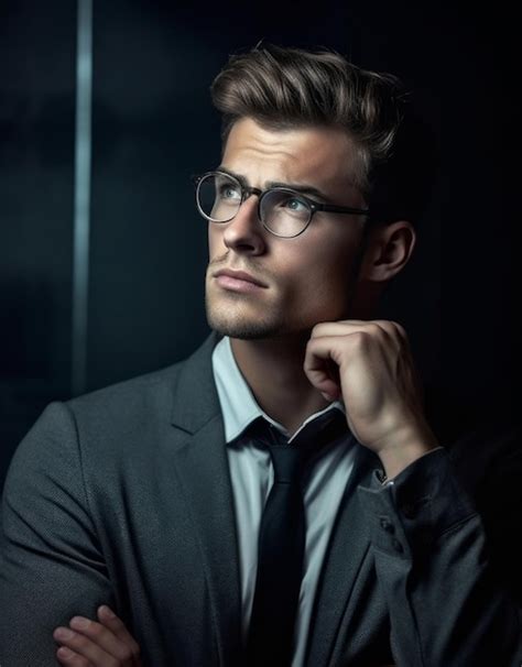 Premium Ai Image A Man Wearing Glasses And A Suit Looks Up At The Camera