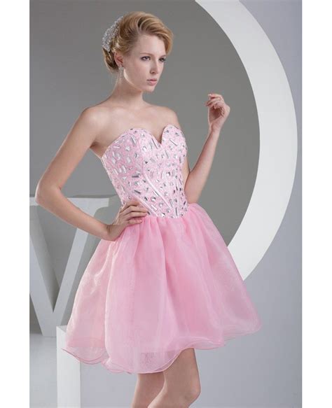 Pink Puffy Organza Short Beaded Prom Dress Sweetheart Op4501 1269