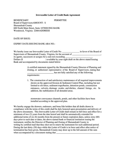 Irrevocable Letter Of Credit Template Bank Agreement Printable Pdf