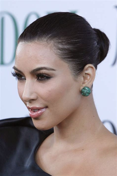 Kim Kardashian Straight Dark Brown Bun Slicked Back Updo Hairstyle