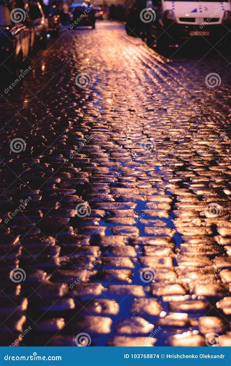 Wet Cobblestone Road At Night Stock Photo Image Of Architecture
