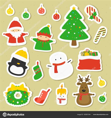 Christmas Characters Items Printable Stickers Collection Cartoon Vector