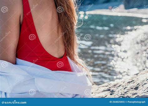 Young Woman In Red Bikini On Beach Girl Lying On Pebble Beach And Enjoying Sun Happy Lady In