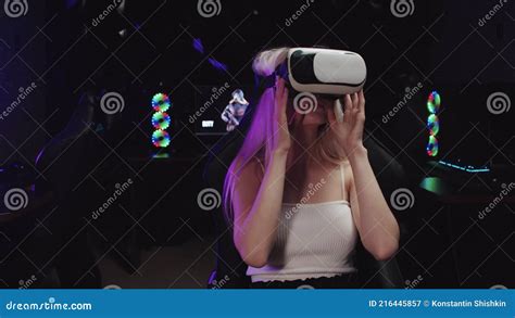 Young Blonde Gamer Girl Sitting In Vr Glasses Stock Video Video Of Lifestyle Chair 216445857