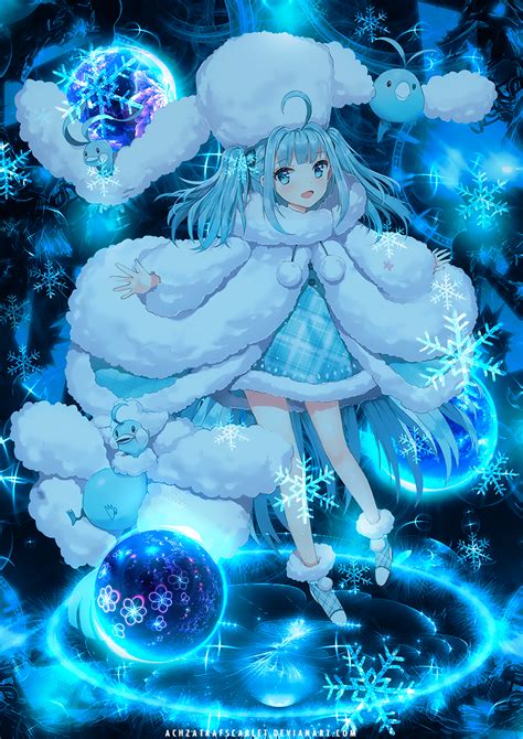 An Anime Character With Blue Hair And White Fur Coat Standing In Front