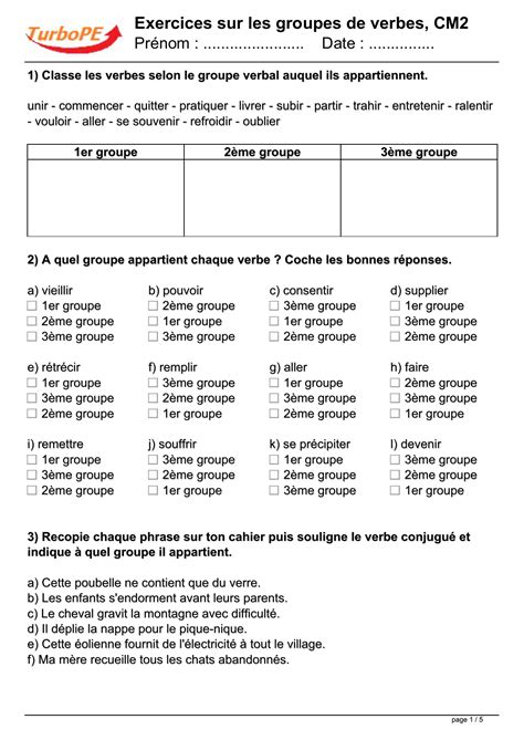 Exercices sur les groupes de verbes, CM2