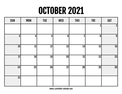 2021 October Calendar Printable A Printable Calendar