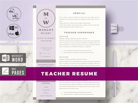 Teacher Resume Template Cv Template For Pages And Ms Word Margot By