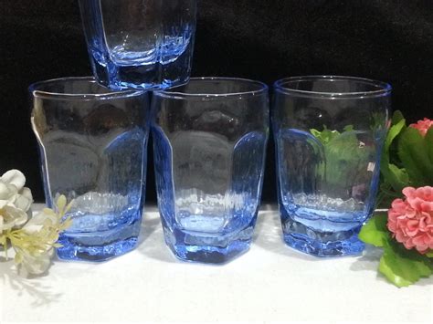 Set Of 8 Blue Drinking Glasses Vintage 4 Water Scotch Wisky