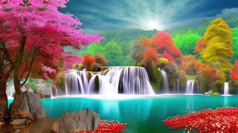 다채로운 나무와 꽃이 많은 큰 폭포 3d 벽화 다채로운 풍경 꽃 나무와 호수 물 폭포와 여러 색상 분기 고화질 사진 사진
