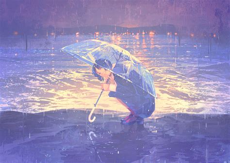 Wallpaper Anime Girls Umbrella Rain City Lights Dark Hair Short